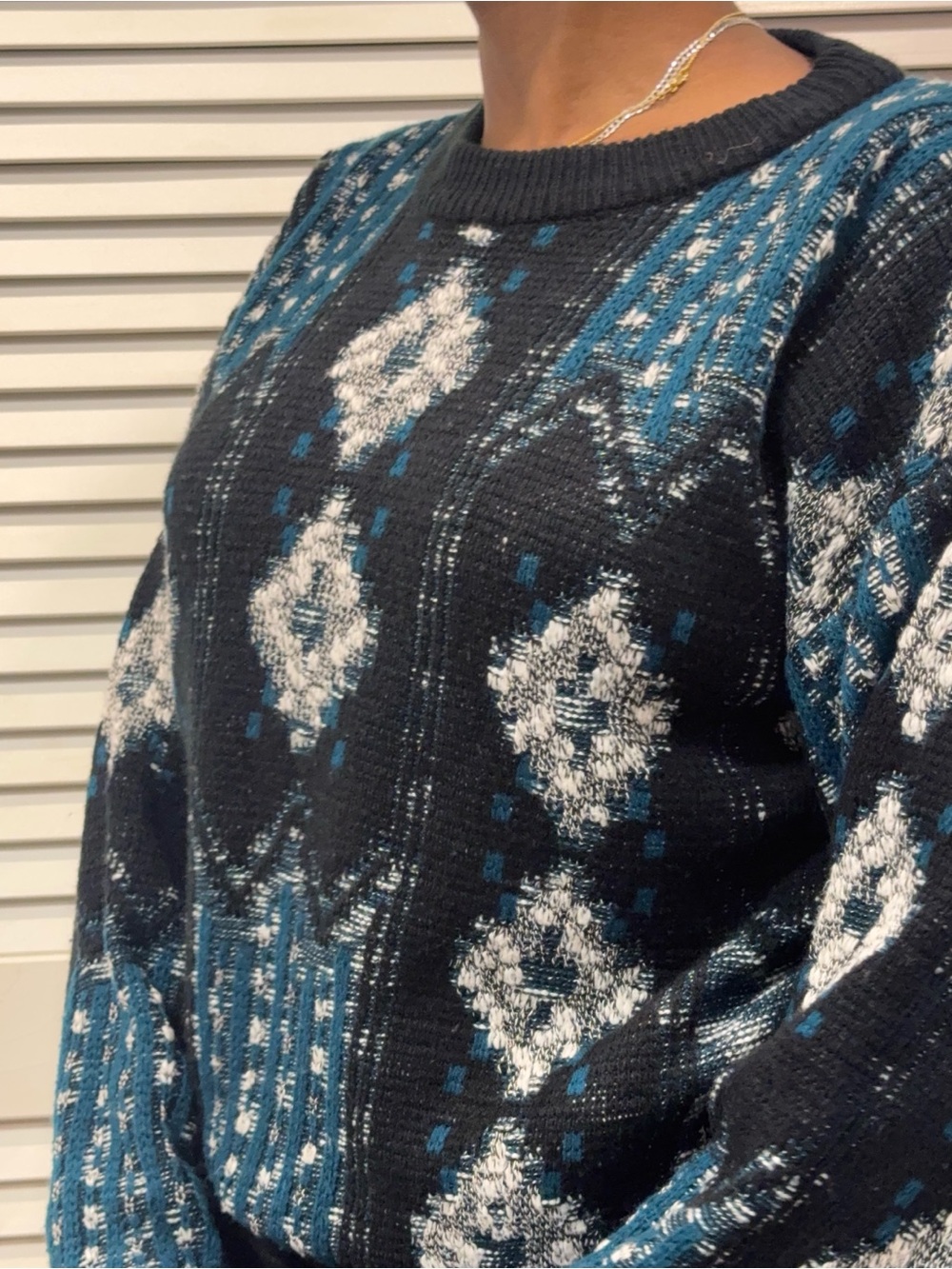 Teal and Black Patterned Knit Sweater for Women